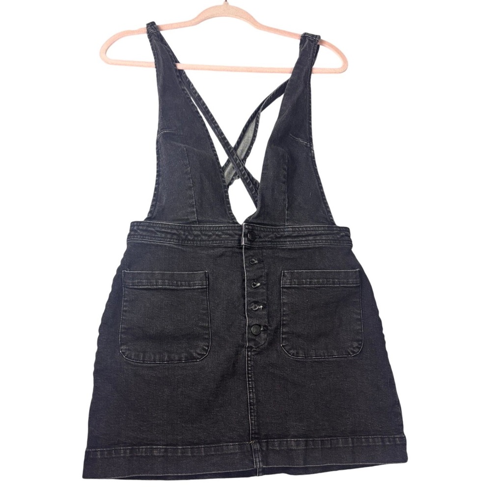 Free People Pinafore Jumper Dress Women 8 Black Button Front Denim overall